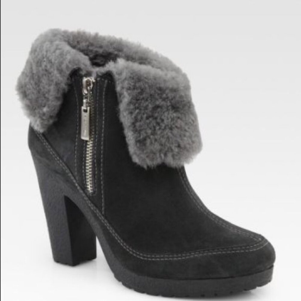 Womens Hunter Gunmetal Ryann Suede Sheepskin Fur Trim Ankle Zip Heel Booties 8